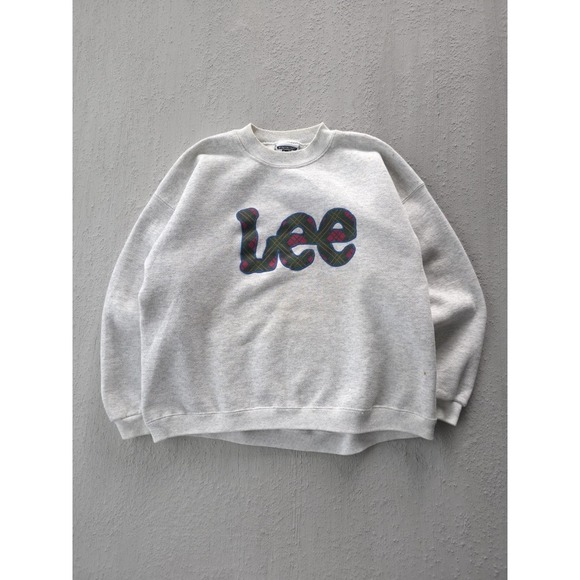 Vintage 90s Lee Heavyweight Plaid Logo Grey Crewneck Sweatshirt USA Made L - Picture 12 of 12